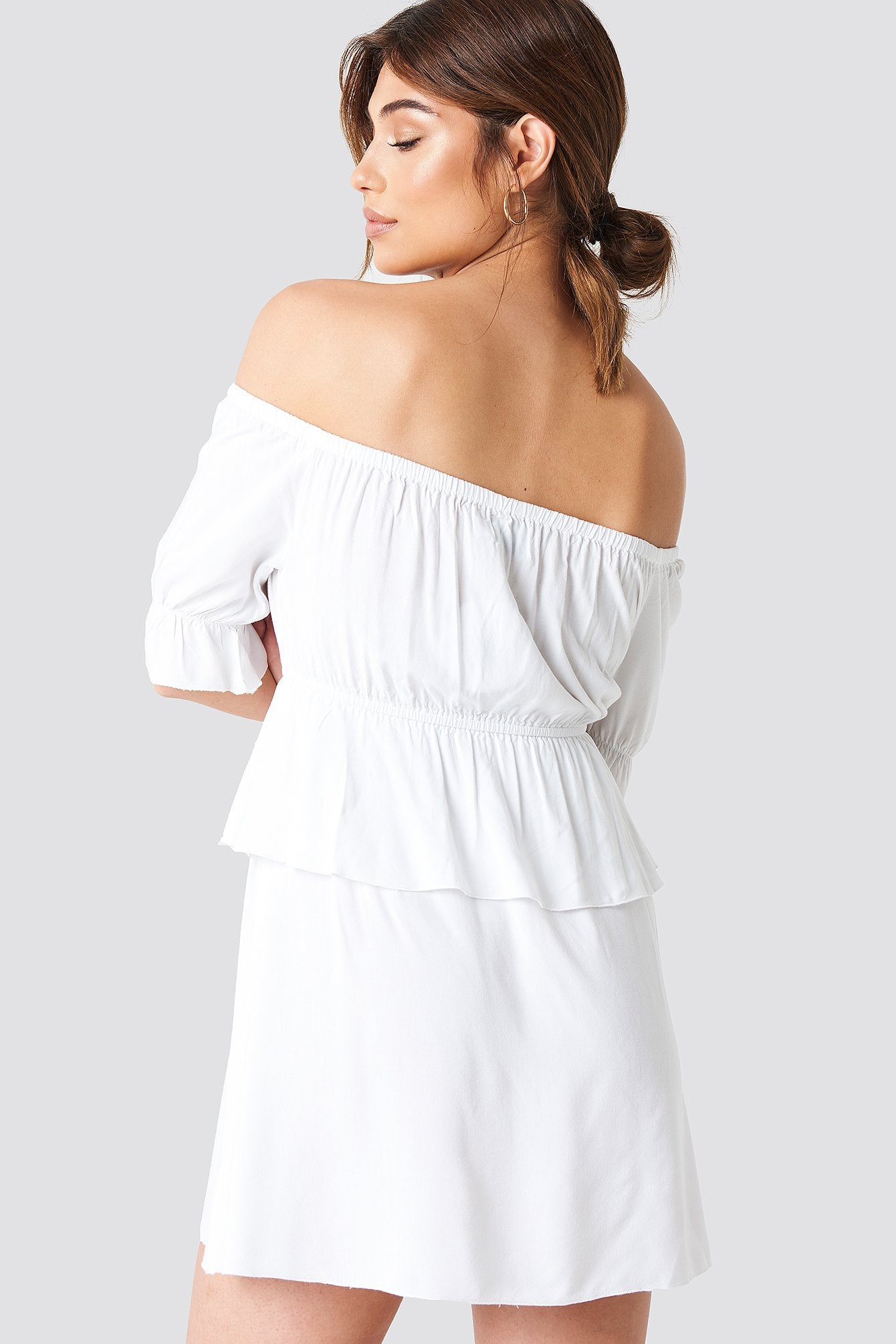 Stylish White Rayon Off Shoulder Frill Dress with Puff Sleeves - Perfect for Any Occasion