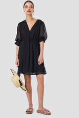 Stylish Black A-line Short Dress - Solid Polyester with Short Sleeves