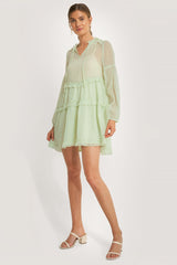 Stylish Green Georgette Mock Frill Dress with Balloon Sleeves - Solid Design