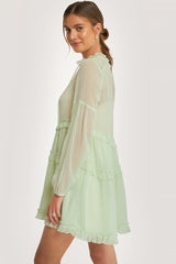 Stylish Green Georgette Mock Frill Dress with Balloon Sleeves - Solid Design