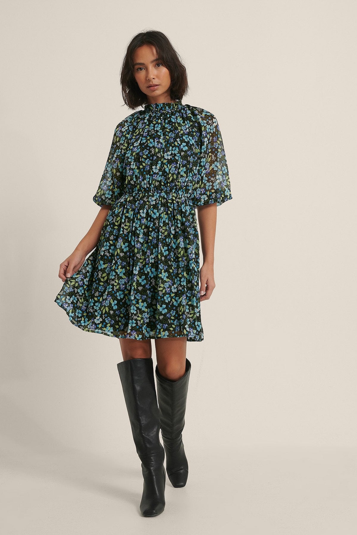 Aqua Blue Georgette Puff Dress with Floral Print & Balloon Sleeves - High Neck