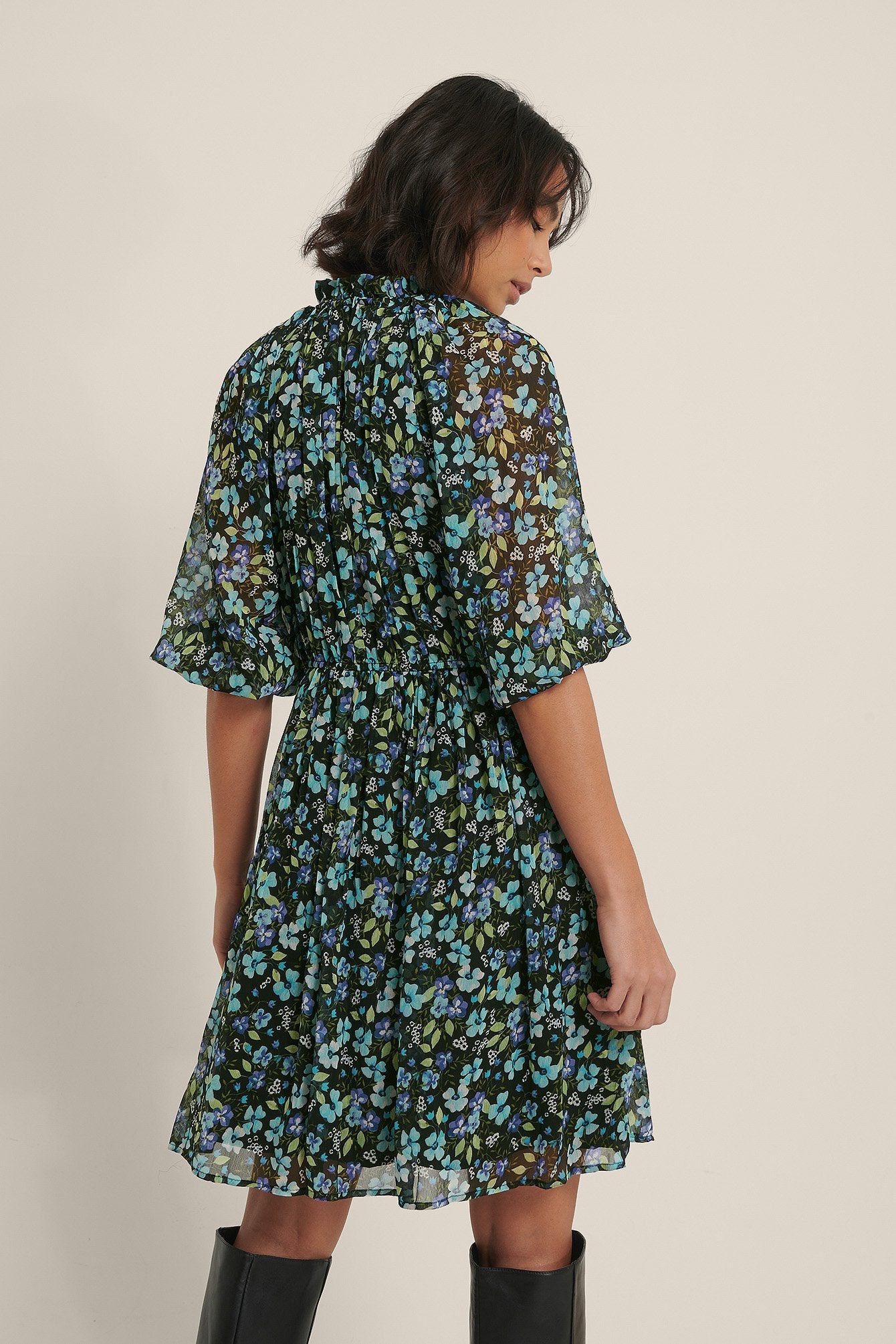 Aqua Blue Georgette Puff Dress with Floral Print & Balloon Sleeves - High Neck