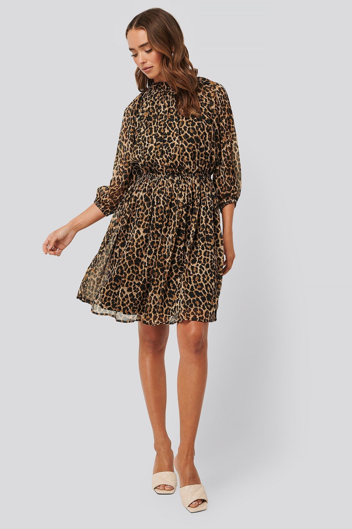 Leopard Print Georgette Puff Dress with Balloon Sleeves & High Neck Style