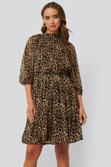 Leopard Print Georgette Puff Dress with Balloon Sleeves & High Neck Style