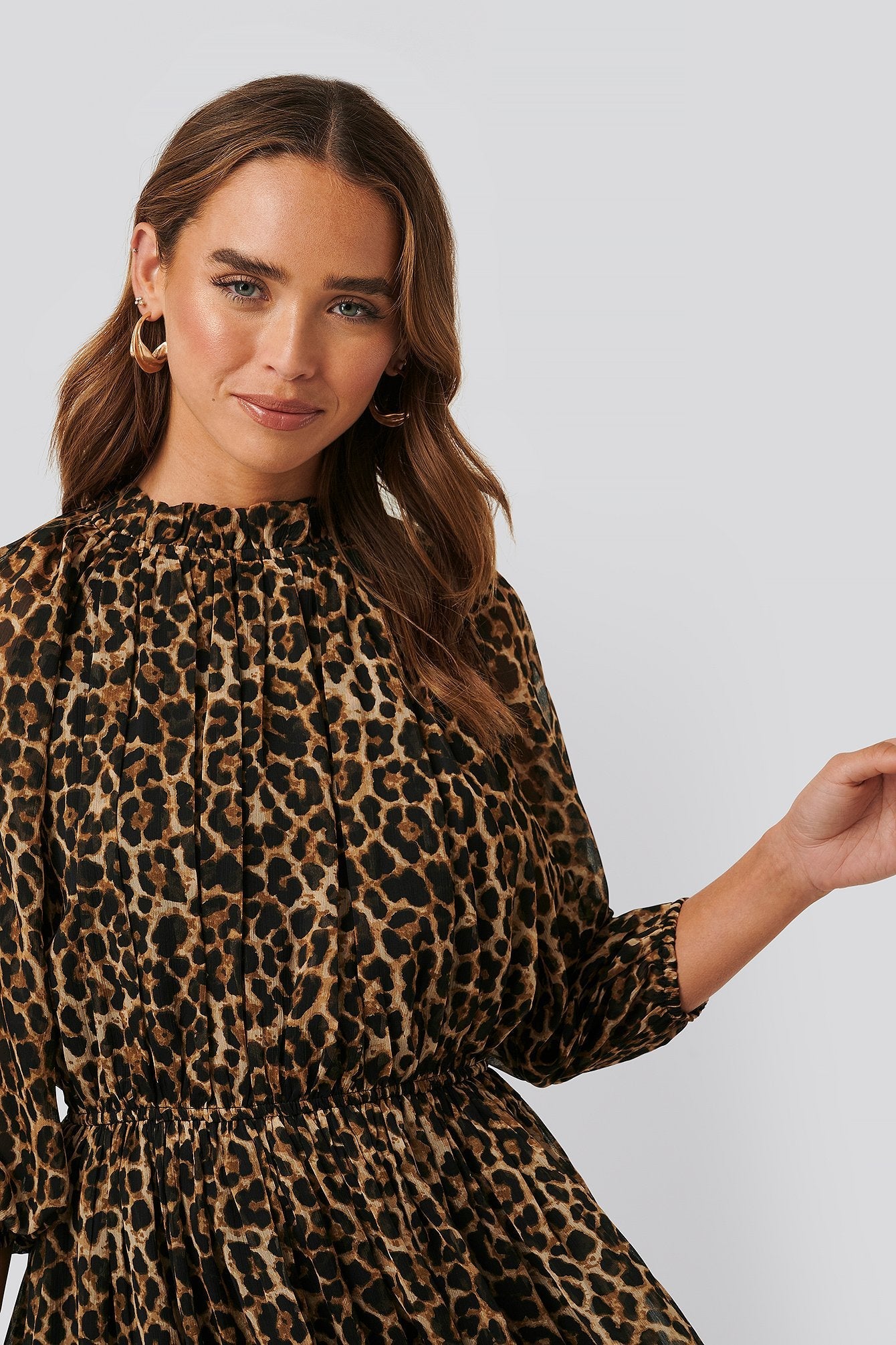 Leopard Print Georgette Puff Dress with Balloon Sleeves & High Neck Style