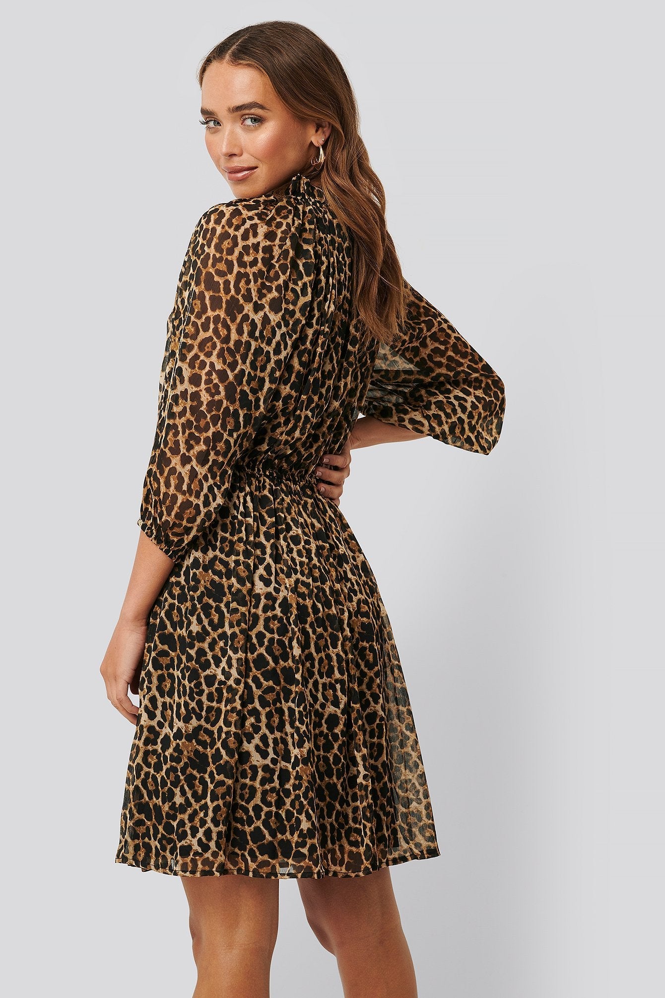 Leopard Print Georgette Puff Dress with Balloon Sleeves & High Neck Style