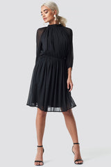 Chic Black Georgette Puff Dress with Balloon Sleeves & High Neck - Solid Style