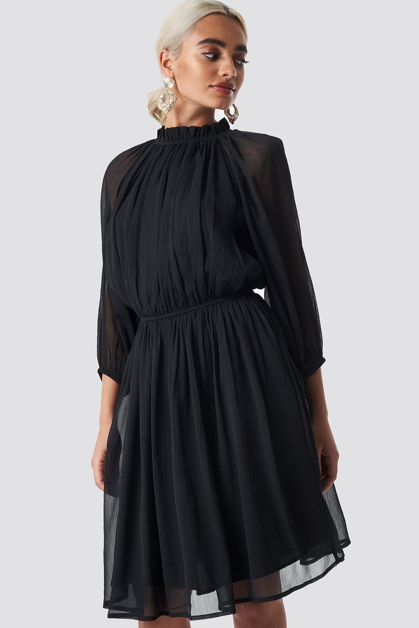 Chic Black Georgette Puff Dress with Balloon Sleeves & High Neck - Solid Style