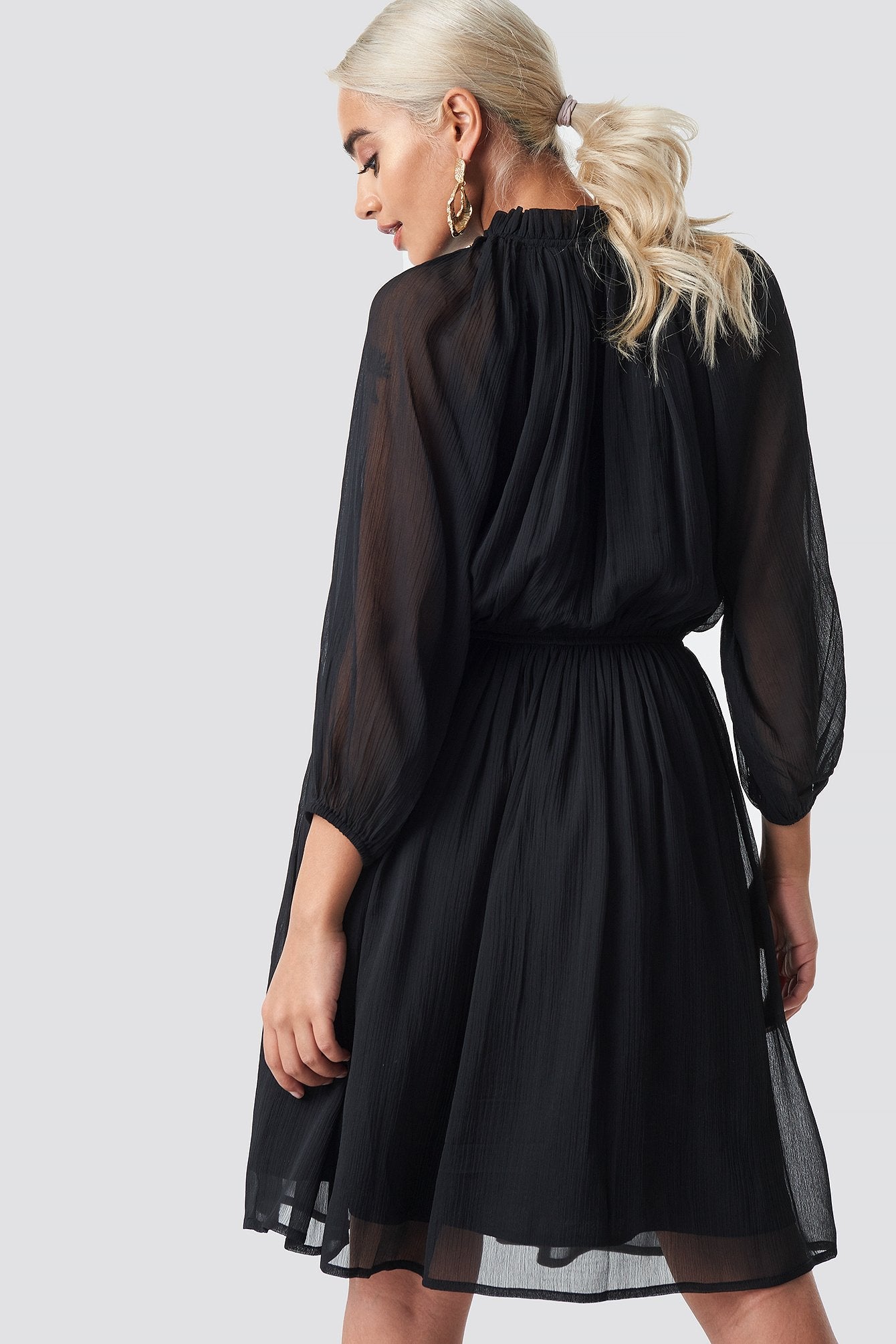 Chic Black Georgette Puff Dress with Balloon Sleeves & High Neck - Solid Style