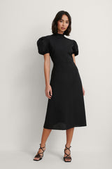 Chic Black Rayon High Neck Dress with Puff Sleeves - Solid Style Fashion