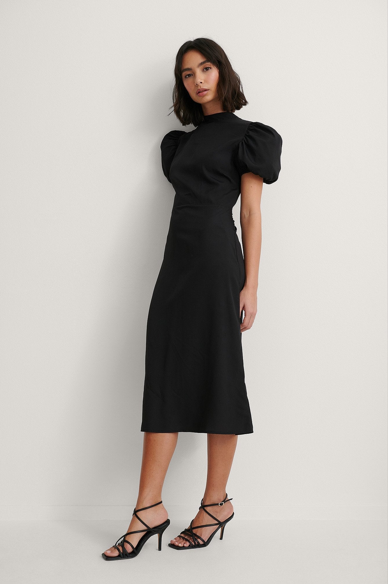 Chic Black Rayon High Neck Dress with Puff Sleeves - Solid Style Fashion