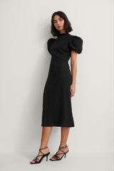 Chic Black Rayon High Neck Dress with Puff Sleeves - Solid Style Fashion