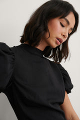 Chic Black Rayon High Neck Dress with Puff Sleeves - Solid Style Fashion