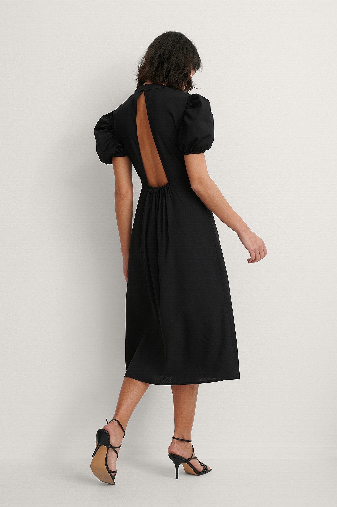 Chic Black Rayon High Neck Dress with Puff Sleeves - Solid Style Fashion