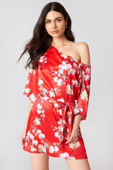 Elegant Red One Shoulder Satin Floral Print Tie Waist Dress for Women