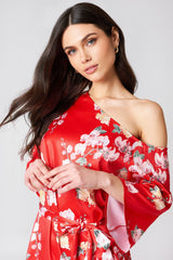 Elegant Red One Shoulder Satin Floral Print Tie Waist Dress for Women