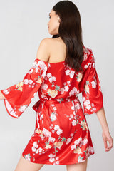 Elegant Red One Shoulder Satin Floral Print Tie Waist Dress for Women