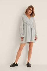 Stylish Sky Blue Polyester Short Dress with Long Sleeves - Solid Overlap Design