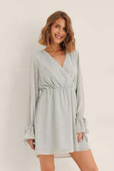 Stylish Sky Blue Polyester Short Dress with Long Sleeves - Solid Overlap Design