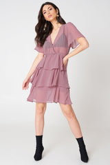 Stylish Purple Georgette V Neck Dress with Flutter Sleeves and Flounce Layers