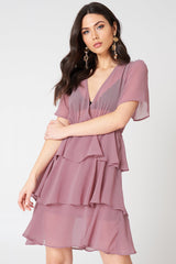 Stylish Purple Georgette V Neck Dress with Flutter Sleeves and Flounce Layers