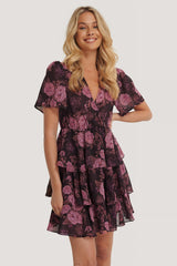 Elegant Purple Georgette Floral Dress with Flutter Sleeves & V-Neck Design