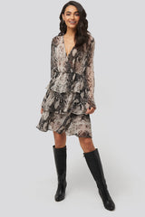 Stylish Black V Neck Georgette Dress with Animal Print and Flounce Layers