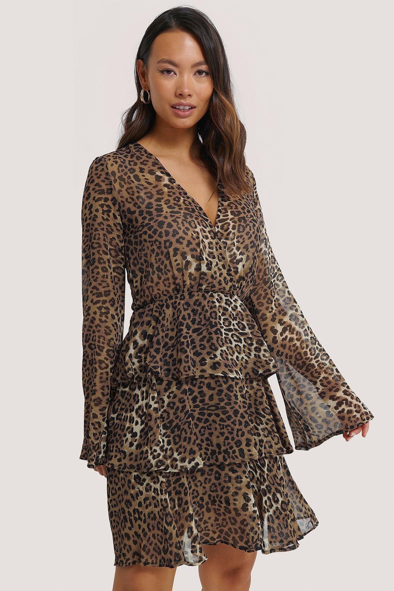 Stylish Brown Georgette V Neck Dress with Animal Print & Kimono Sleeves