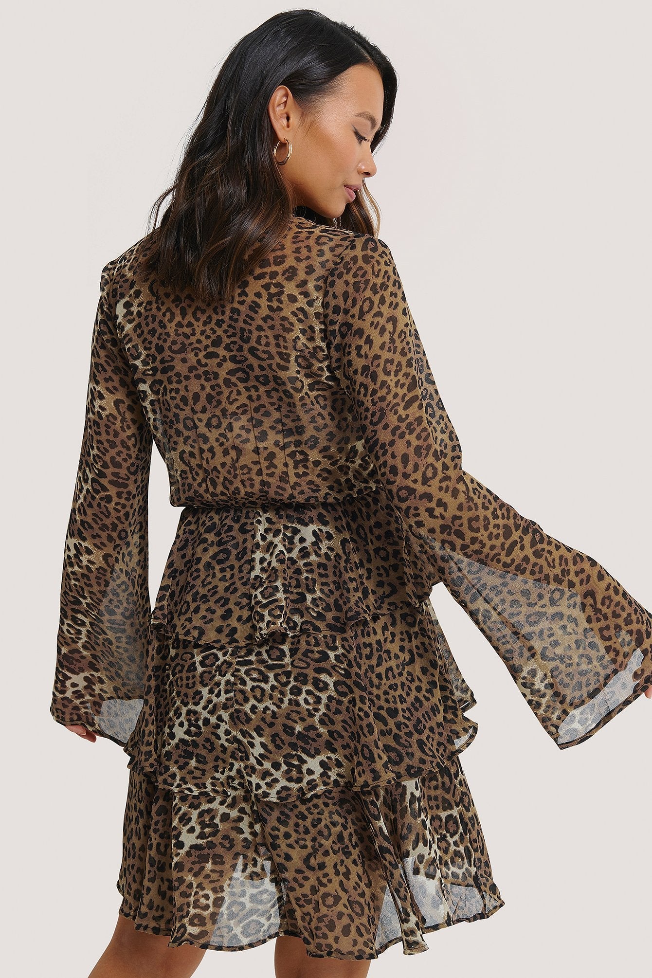 Stylish Brown Georgette V Neck Dress with Animal Print & Kimono Sleeves