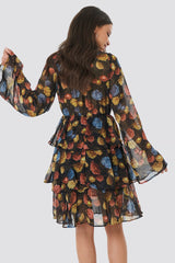 Elegant Black Floral Georgette Dress with Kimono Sleeves & V-Neck Design