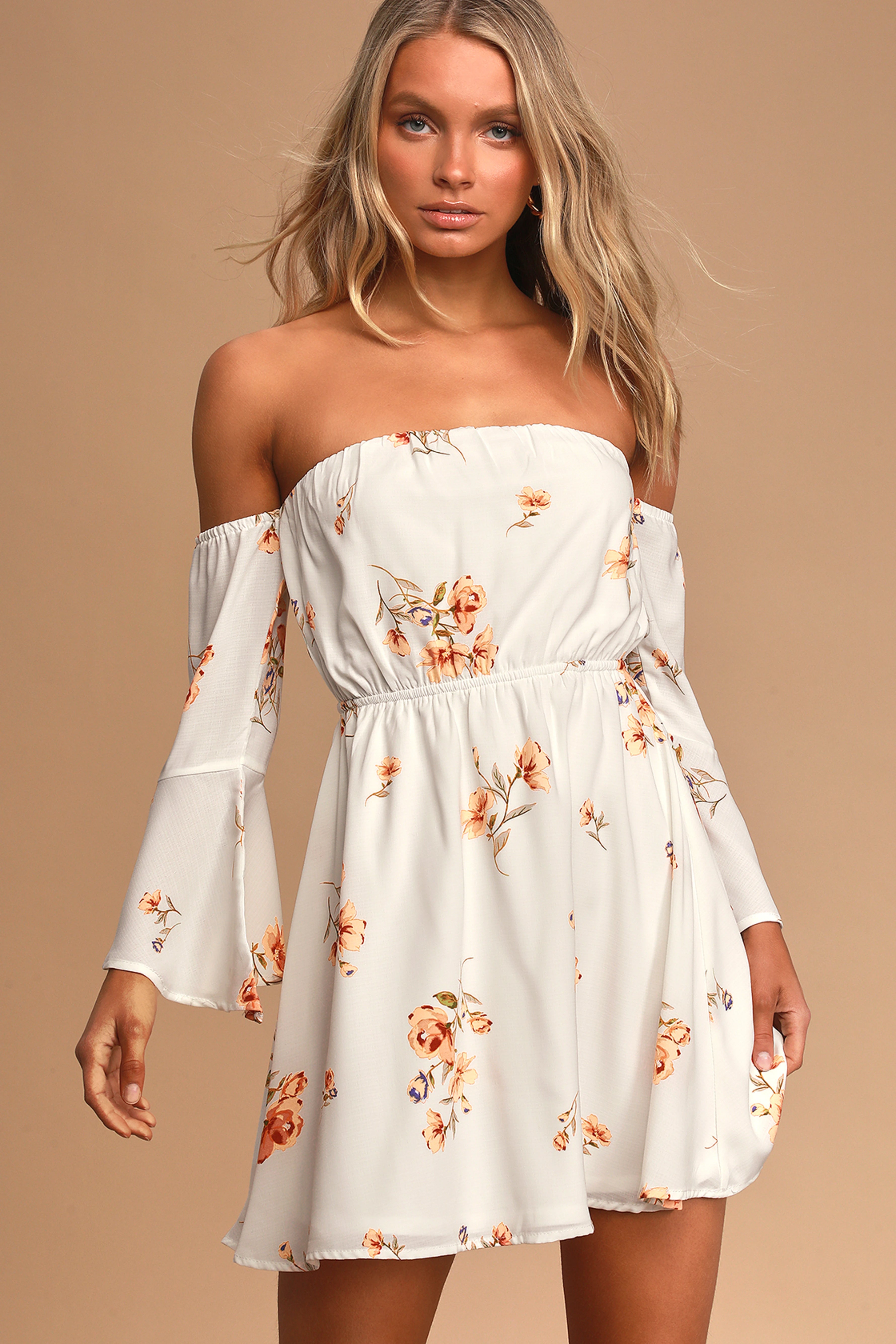 Chic White Off Shoulder Georgette Floral Print Tube Dress with Balloon Sleeves