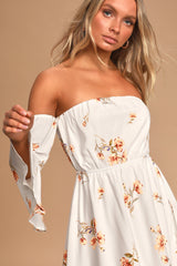 Chic White Off Shoulder Georgette Floral Print Tube Dress with Balloon Sleeves