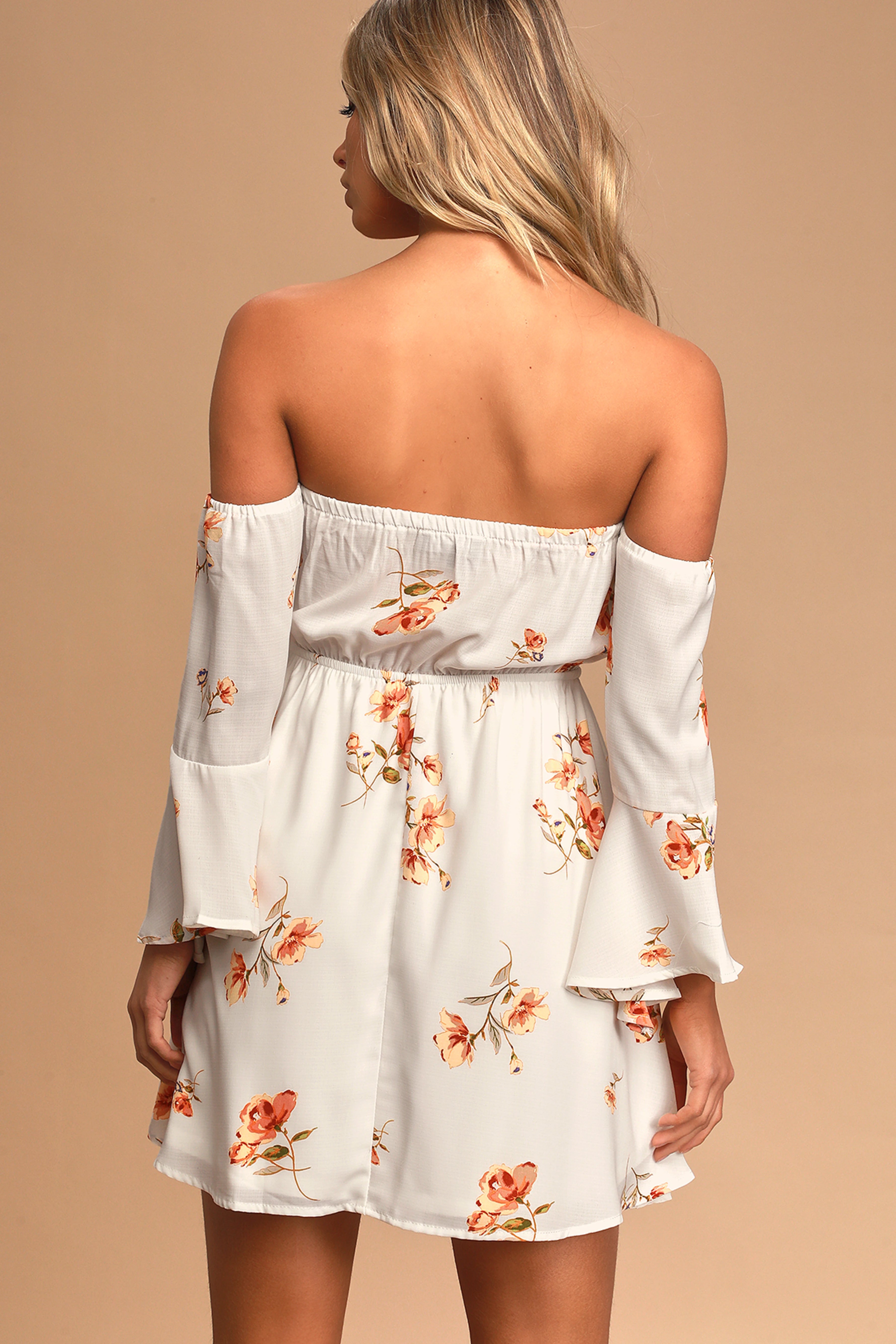 Chic White Off Shoulder Georgette Floral Print Tube Dress with Balloon Sleeves