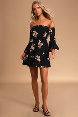 Chic Black Off Shoulder Georgette Floral Print Tube Dress with Balloon Sleeves