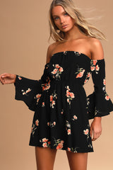 Chic Black Off Shoulder Georgette Floral Print Tube Dress with Balloon Sleeves