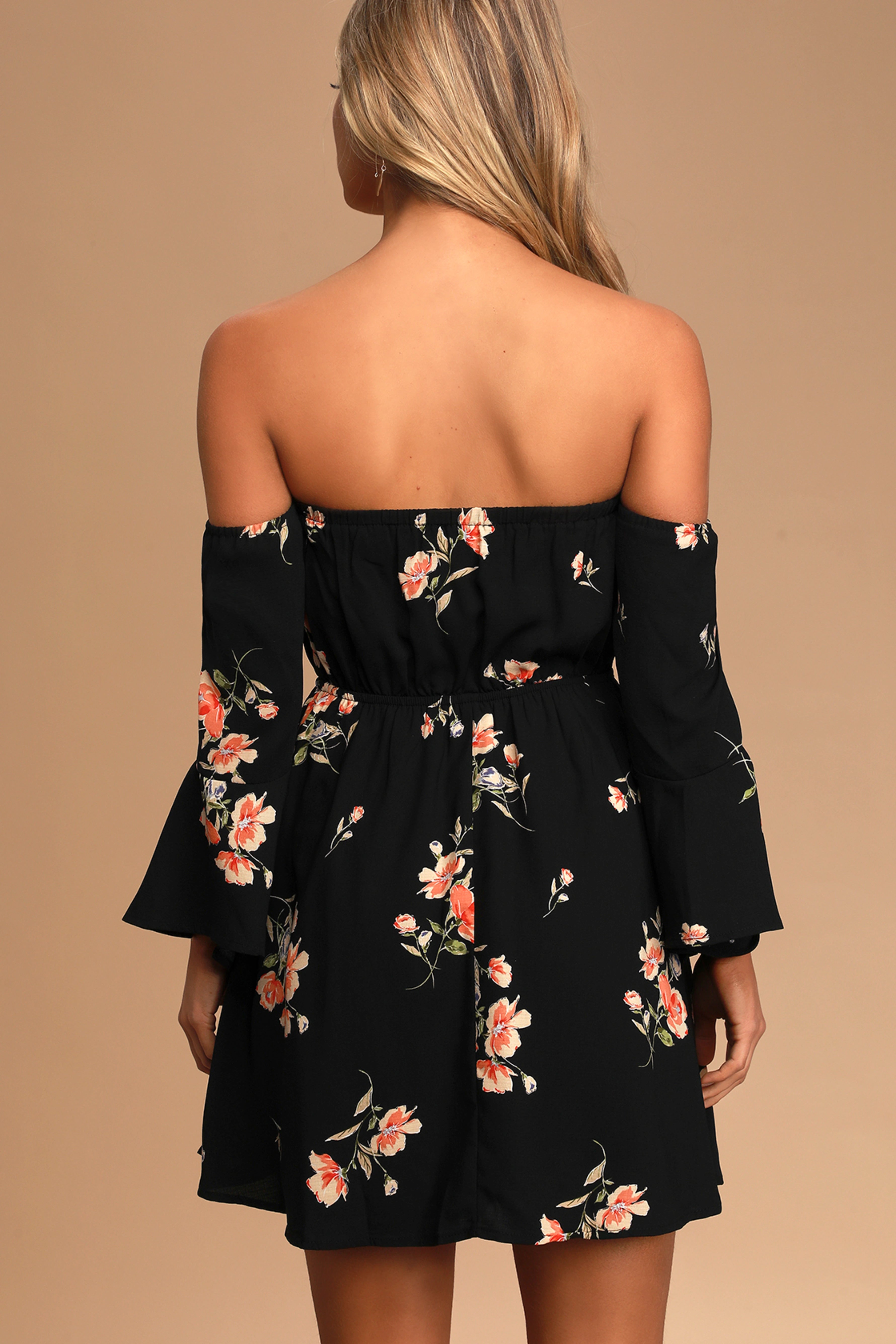 Chic Black Off Shoulder Georgette Floral Print Tube Dress with Balloon Sleeves