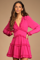 Stylish Pink Rayon Fit and Flare Ruffle Dress - Solid Design for Any Occasion