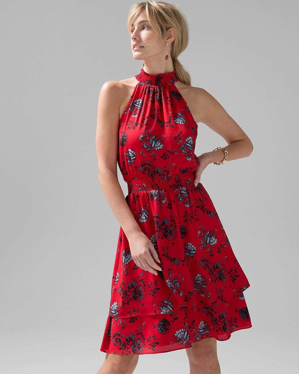 Stylish Red Floral Print Sleeveless High Neck Rayon Dress for Women