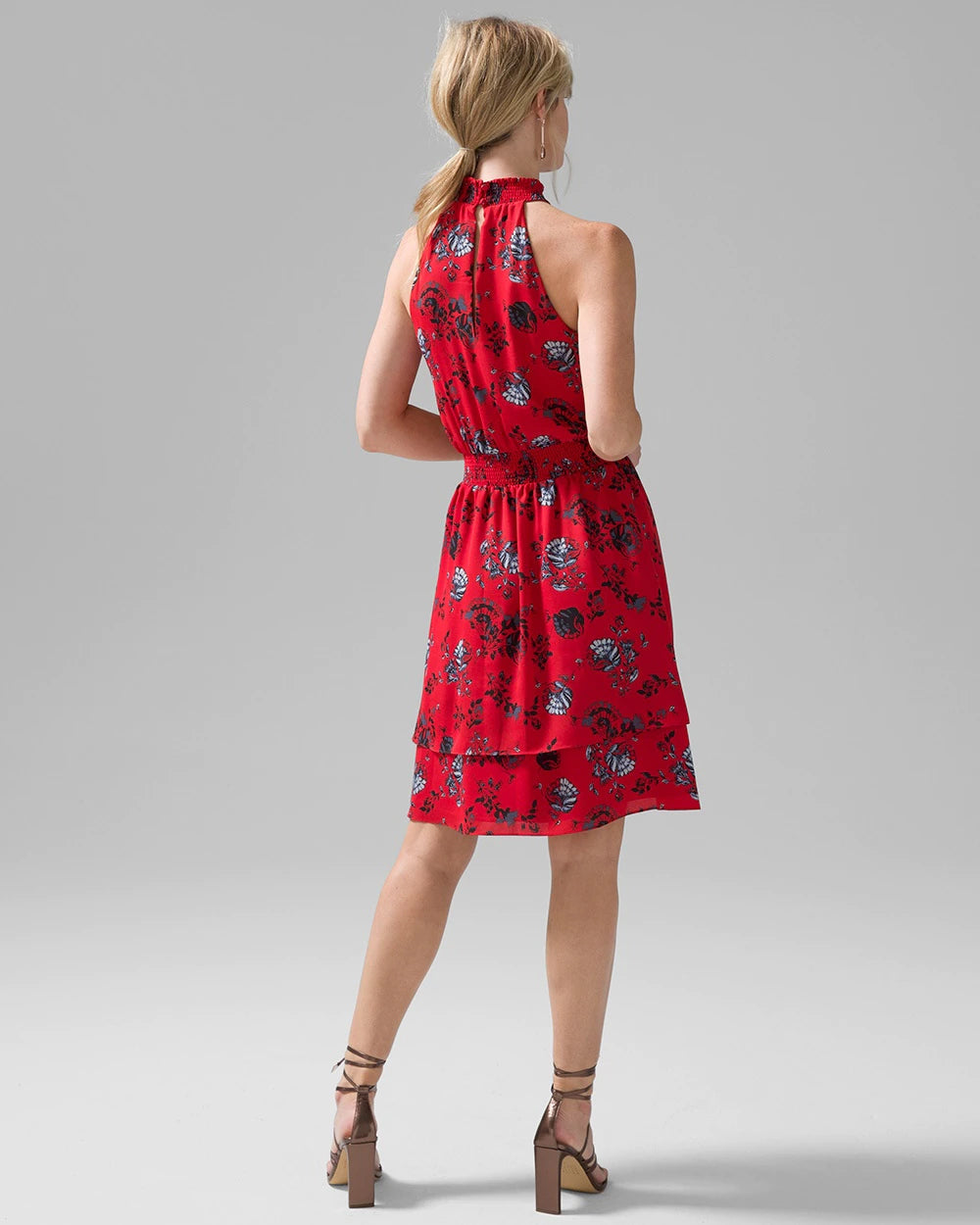 Stylish Red Floral Print Sleeveless High Neck Rayon Dress for Women