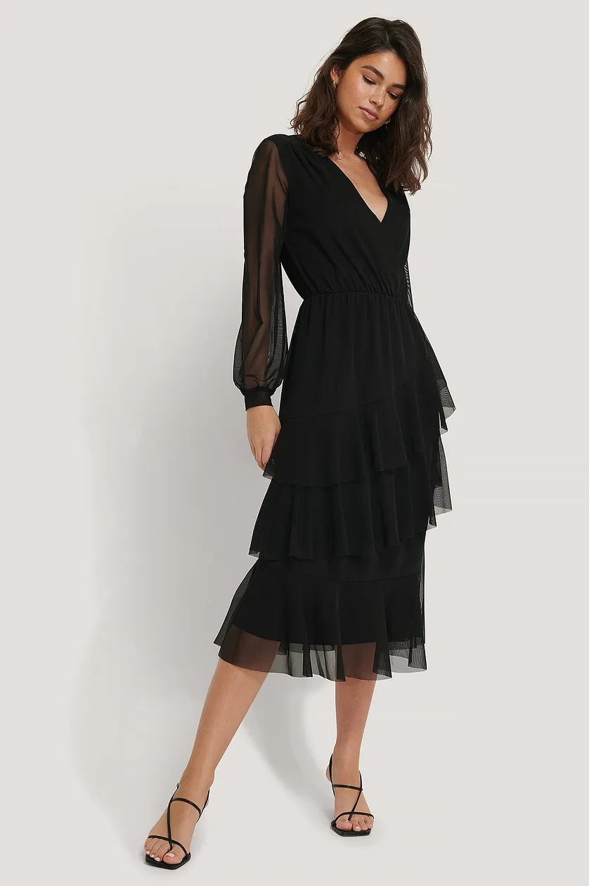 Chic Black Georgette Ruffle Dress with Puff Sleeves - Overlap Solid Design