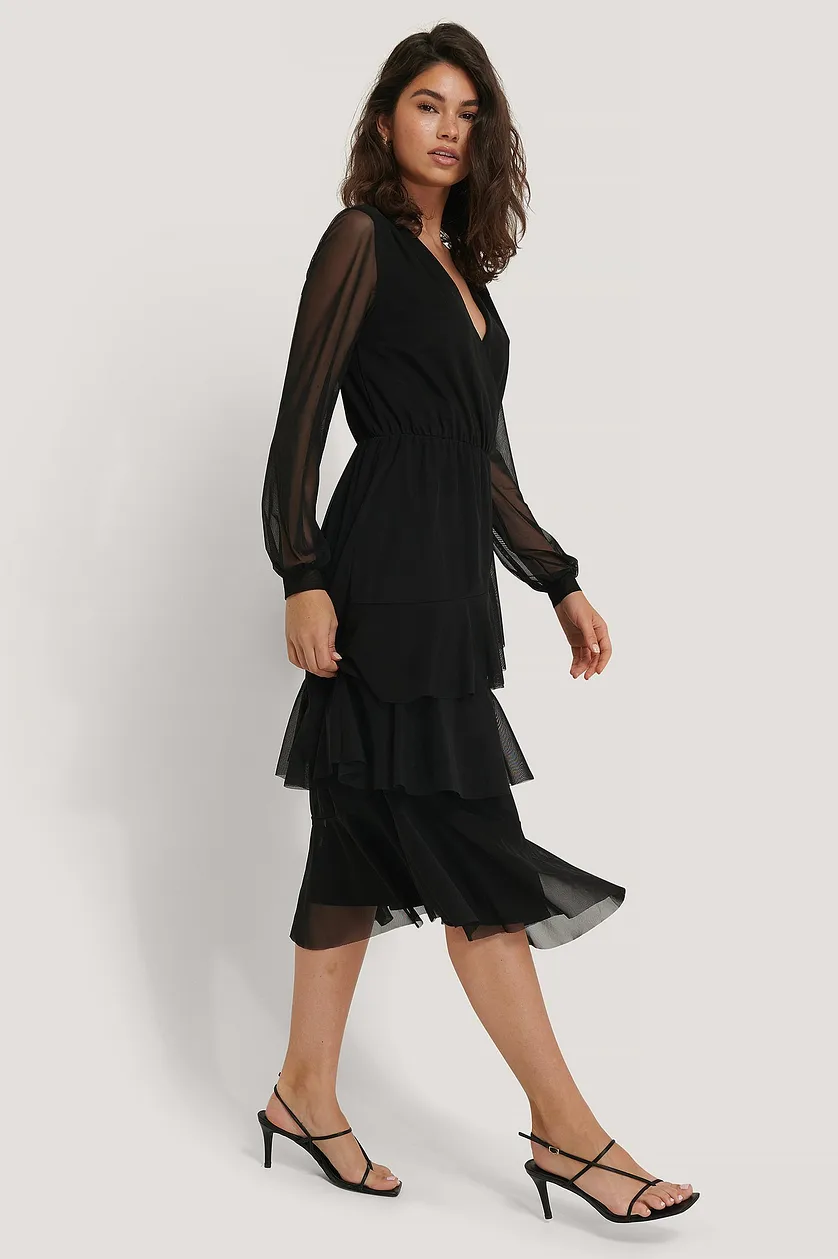 Chic Black Georgette Ruffle Dress with Puff Sleeves - Overlap Solid Design