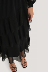 Chic Black Georgette Ruffle Dress with Puff Sleeves - Overlap Solid Design