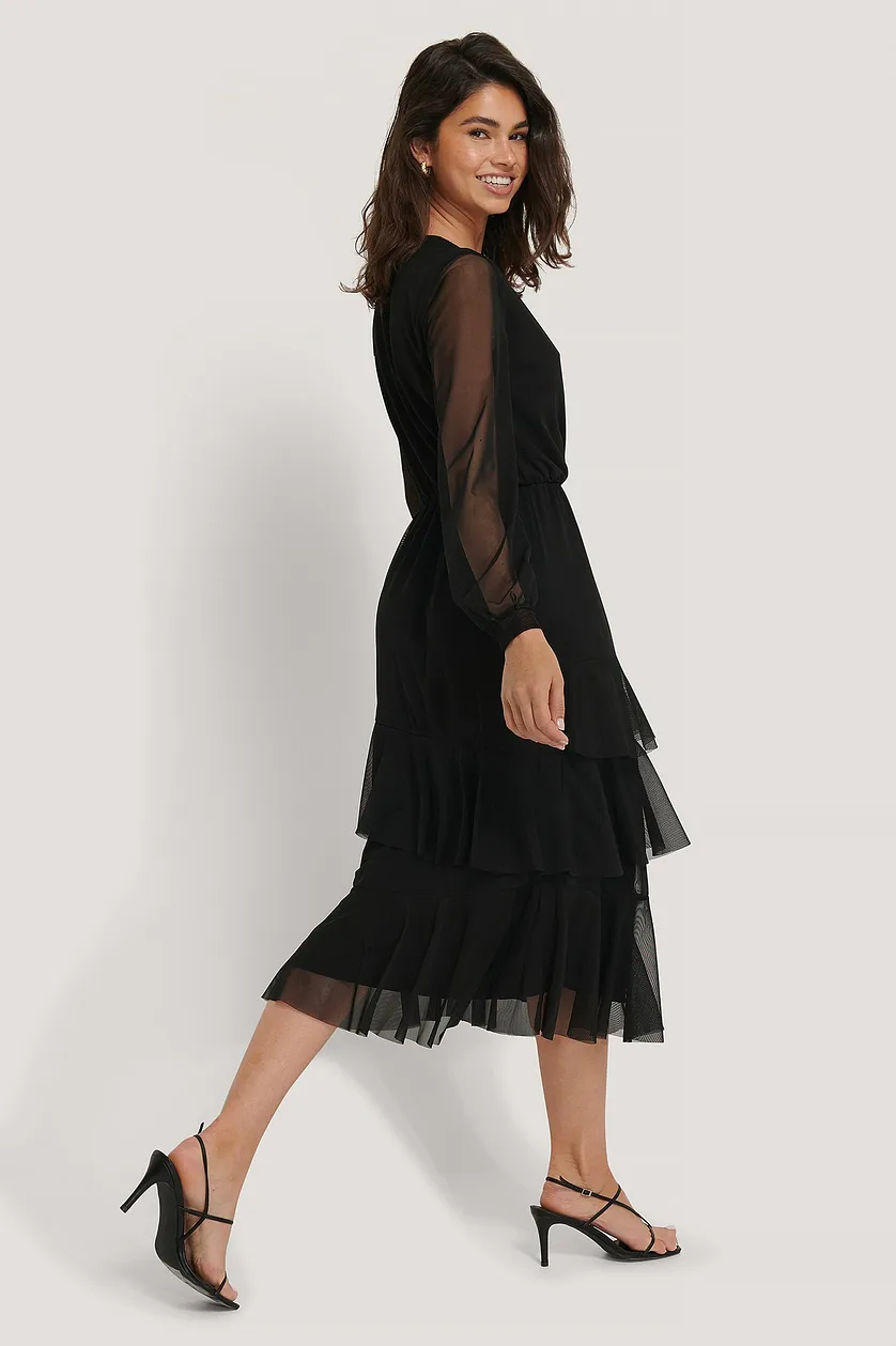 Chic Black Georgette Ruffle Dress with Puff Sleeves - Overlap Solid Design