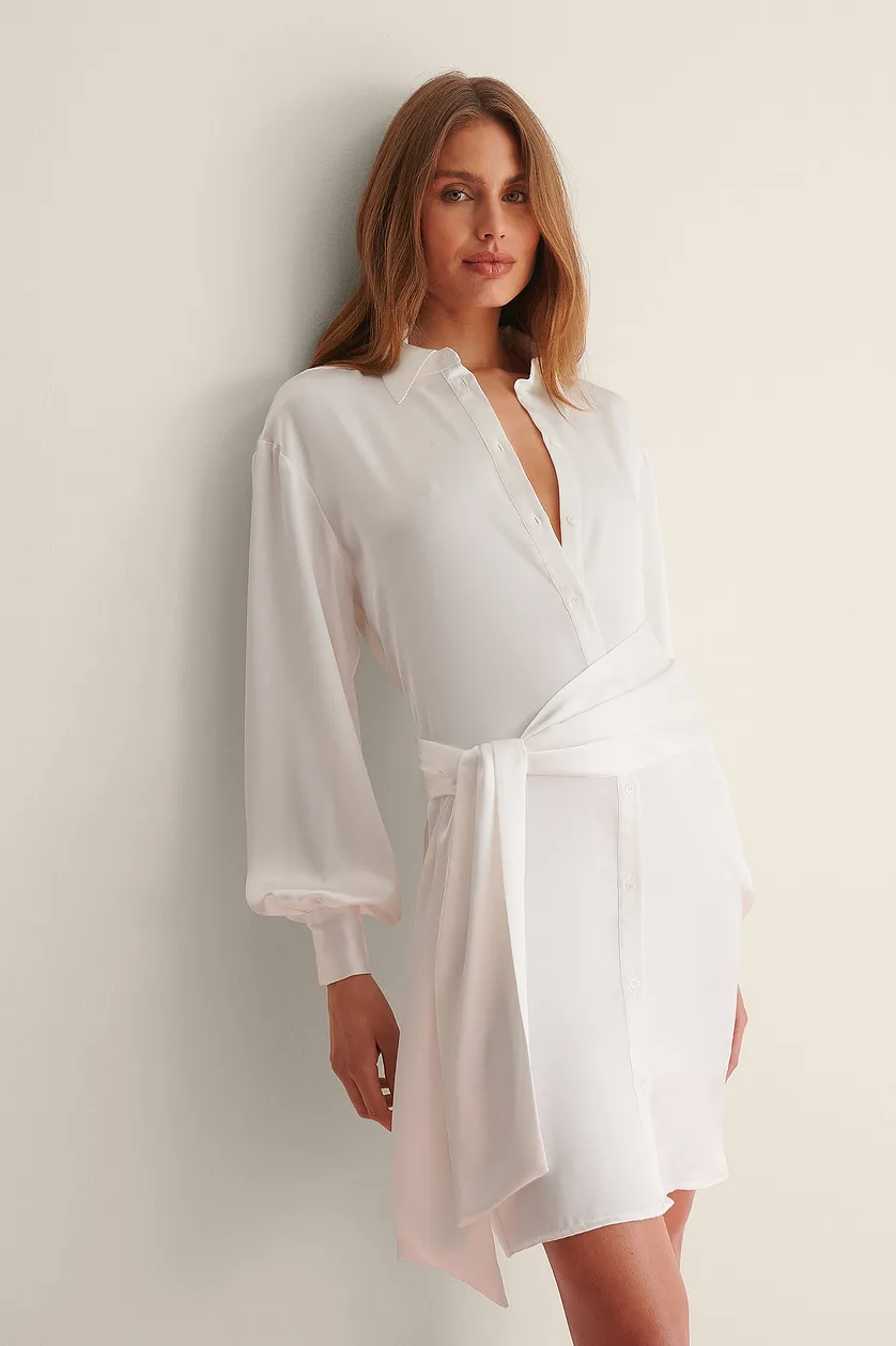 Elegant White Lycra Satin V Neck Dress with Puff Sleeves - Solid Style