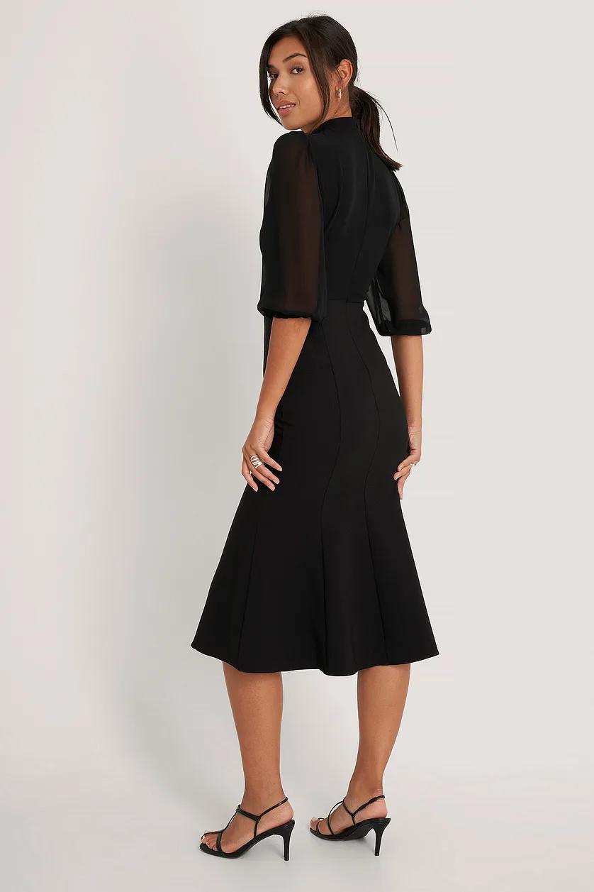 Chic Black Georgette High Neck Dress with Puff Sleeves - Solid Style