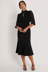 Chic Black Georgette High Neck Dress with Puff Sleeves - Solid Style