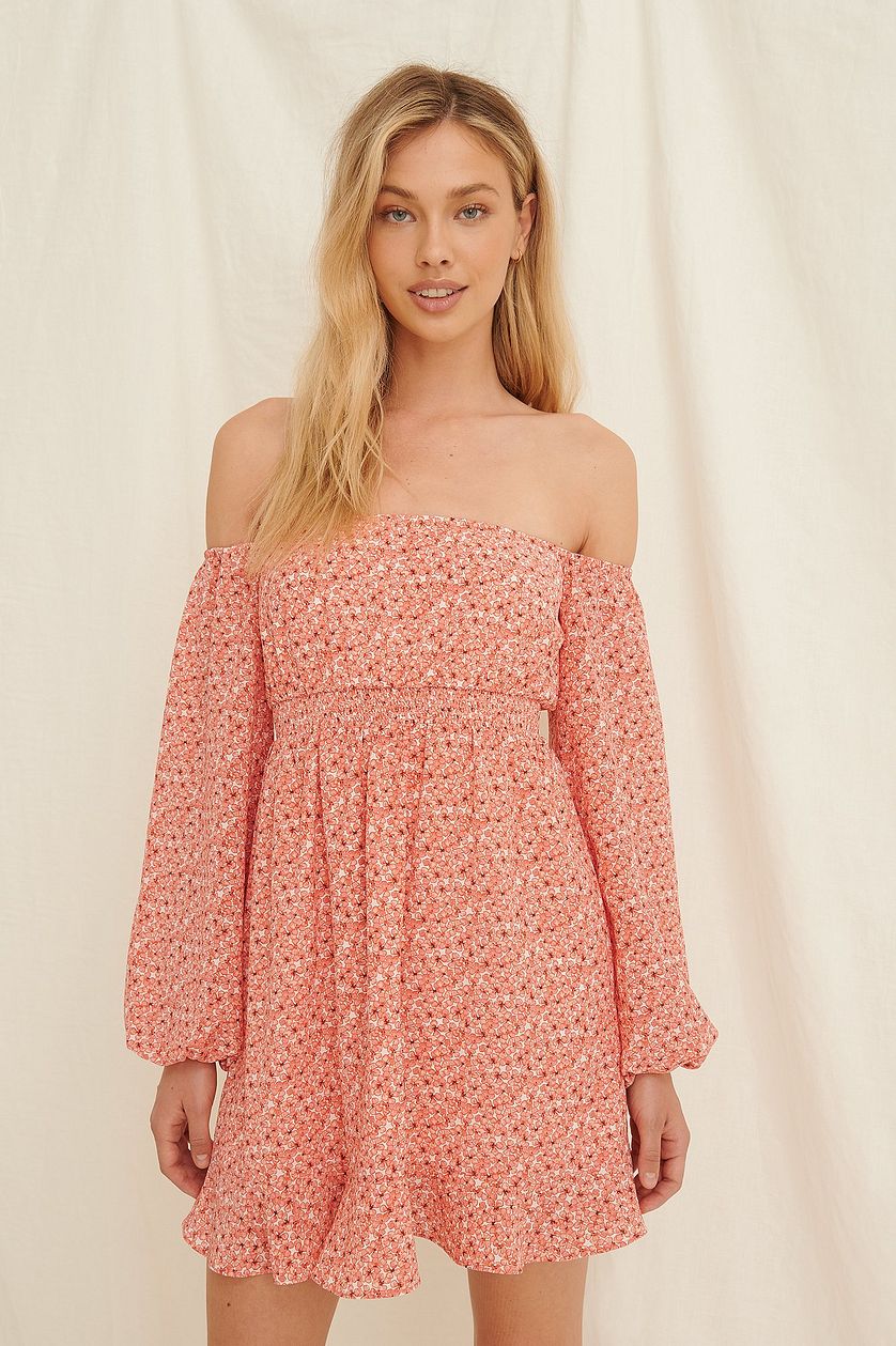 Stylish Peach Off Shoulder Floral Georgette Dress with Long Sleeves