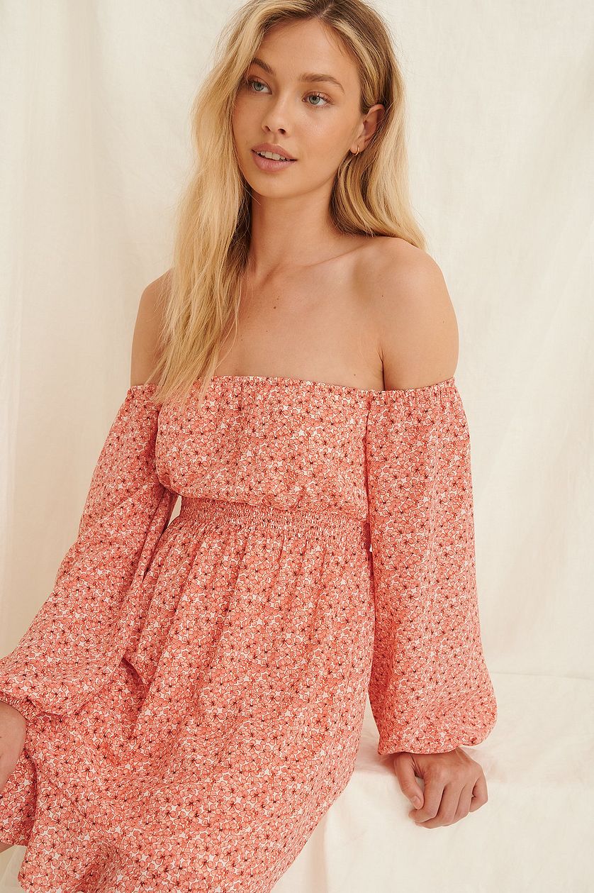 Stylish Peach Off Shoulder Floral Georgette Dress with Long Sleeves