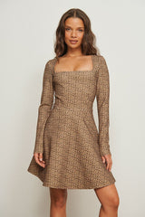 Stylish Brown Crepe Scoop Neck Dress with Abstract Print - Shop Now