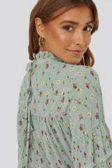 Stylish Grey Georgette Floral Print High Neck Dress with Puff Sleeves